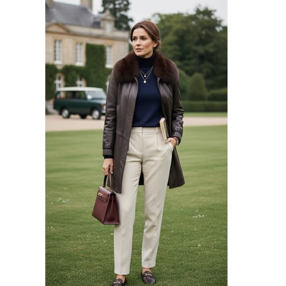 NWT Vtg Damselle Lamb Leather Fox Fur Collar Coat Old Money Womans Size Large - Picture 2 of 9